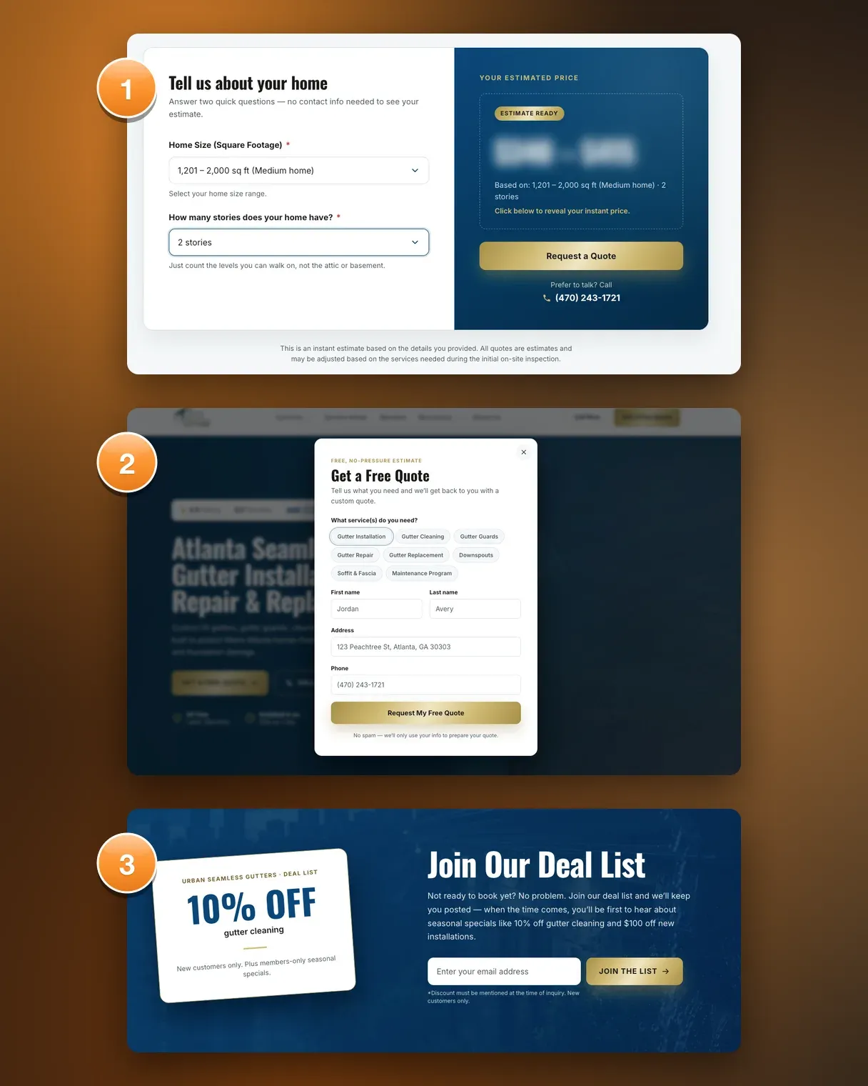 Instant estimate calculator, quote request form, and deal-list signup