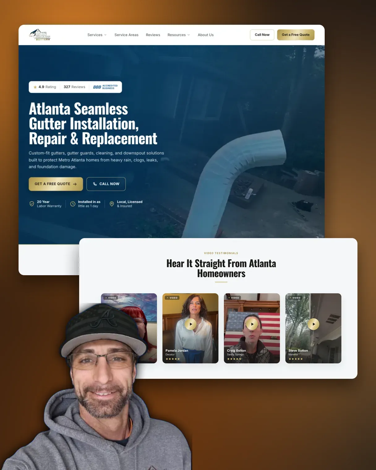 Urban Seamless Gutters website, video testimonials, and the company owner
