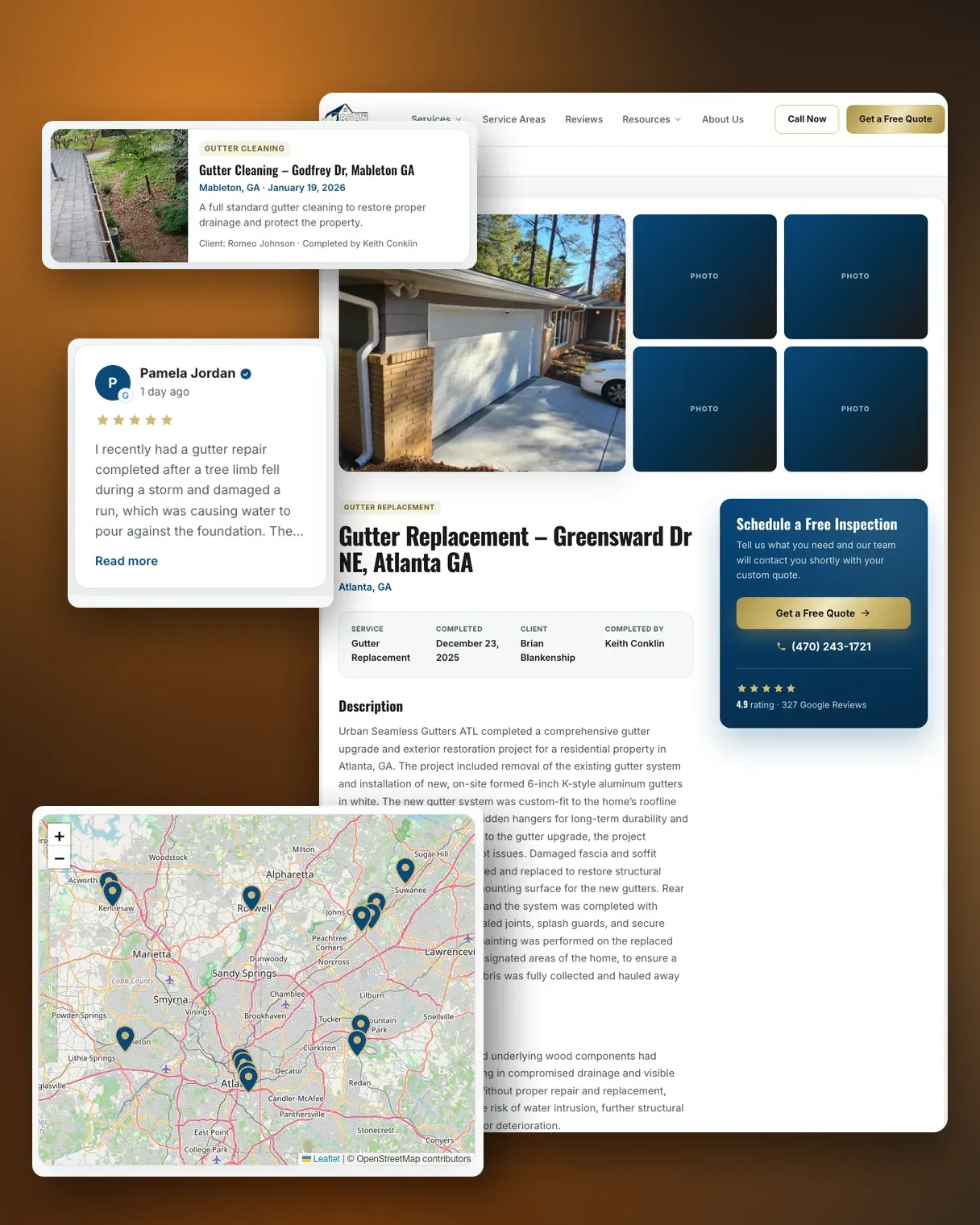 Project case study page with job cards, a Google review, and a service-area map