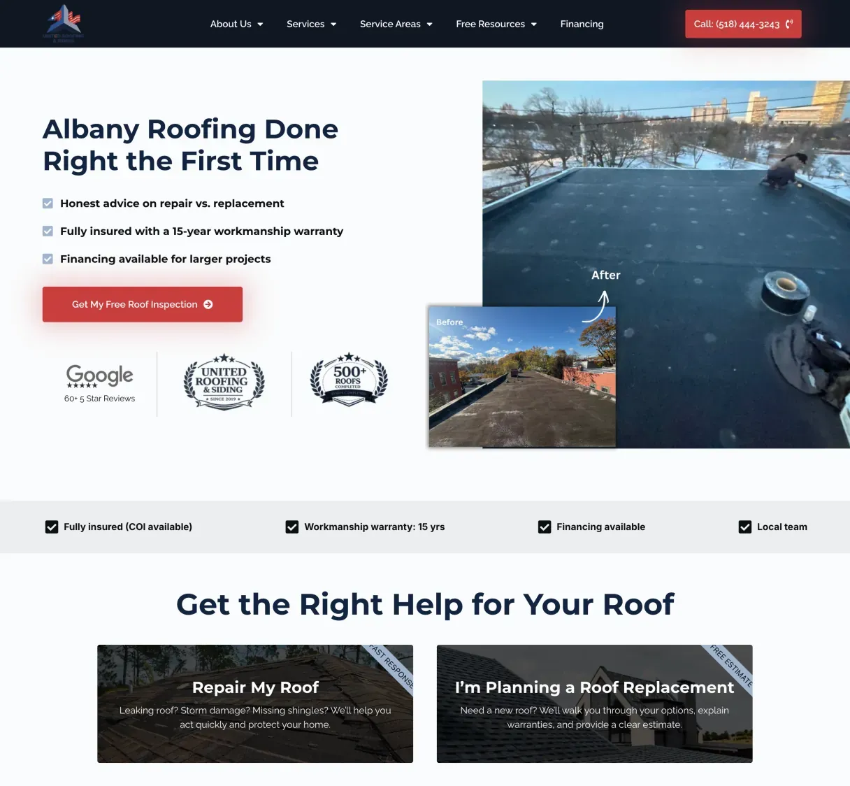 United Roofing & Siding — Albany roofing company website
